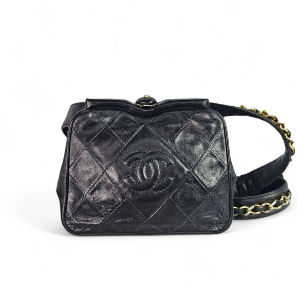 CHANEL Waist Belt Bag Black Leather Vtg Quilted CC Chain Karl Lagerfeld SMALL